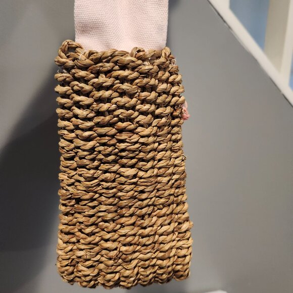 Vintage Purse Woven Rattan Sides Bottom Rattan Straw Flowers Pink Cotton... - Picture 2 of 6